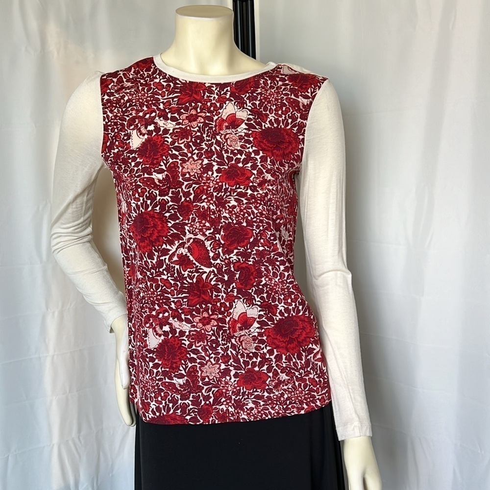 Tory Burch Roanan Kyoto Red Floral Butterfly Silk Wool Two Tone Top - Picture 3 of 8
